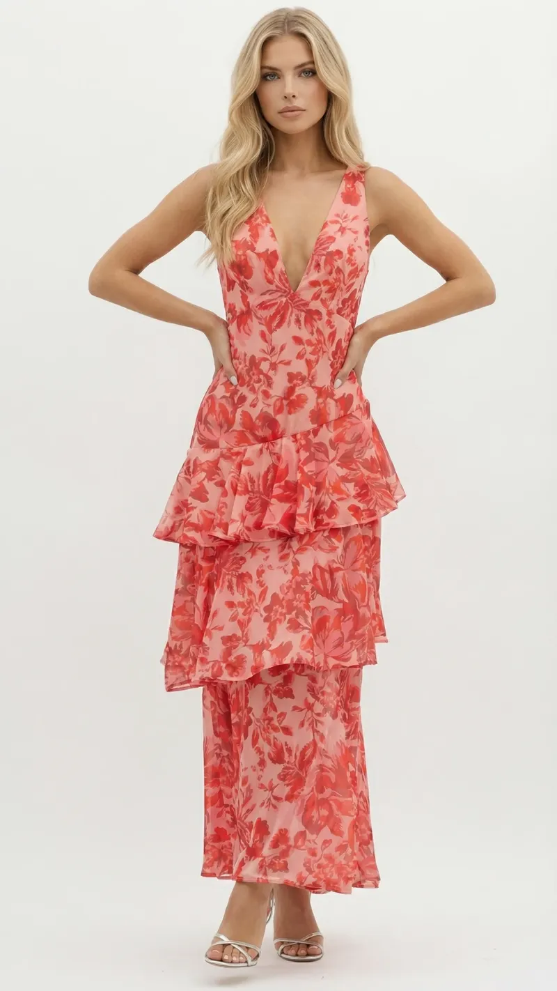 Penelope Ruffle Maxi Dress - Red