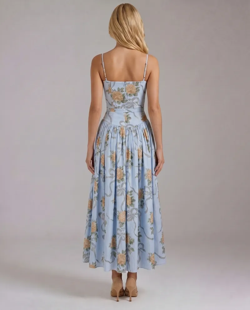 Cielle Floral Midi Dress - Vintage Blue