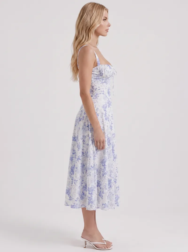Sabine Toile Print Puff Sleeve Midi Dress - Light Blue