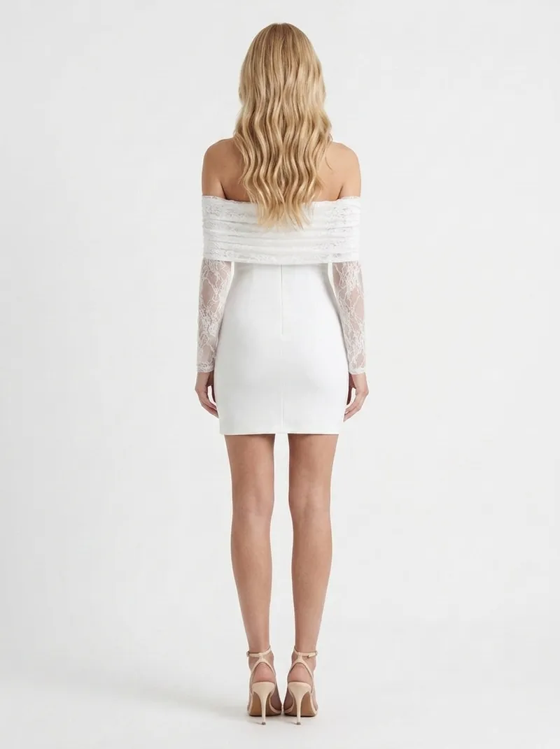 Nancy Off Shoulder Lace Sleeve Bodycon Mini Dress - White