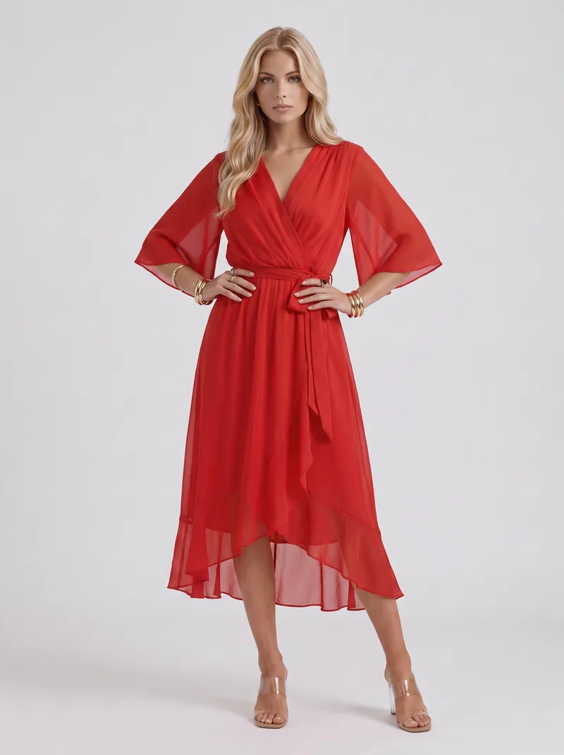 Lucienne Wrap Midi Dress - Red