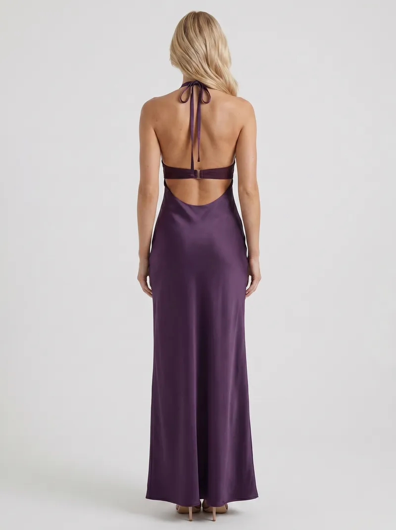 Saskia Halter V Plunge Satin Bodycon Maxi Dress - Purple