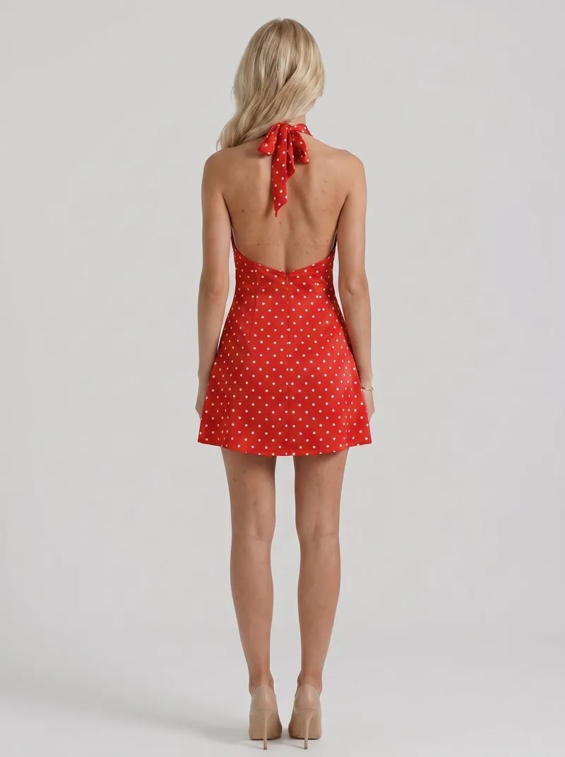 Layla High Neck Halter Polka Dot Mini Dress - Red
