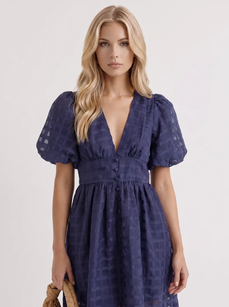 Colette Windowpane Midi Dress - Navy