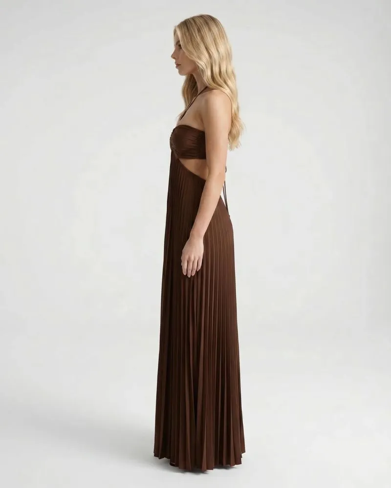 Aurora Pleated Cutout Maxi Dress - Brown