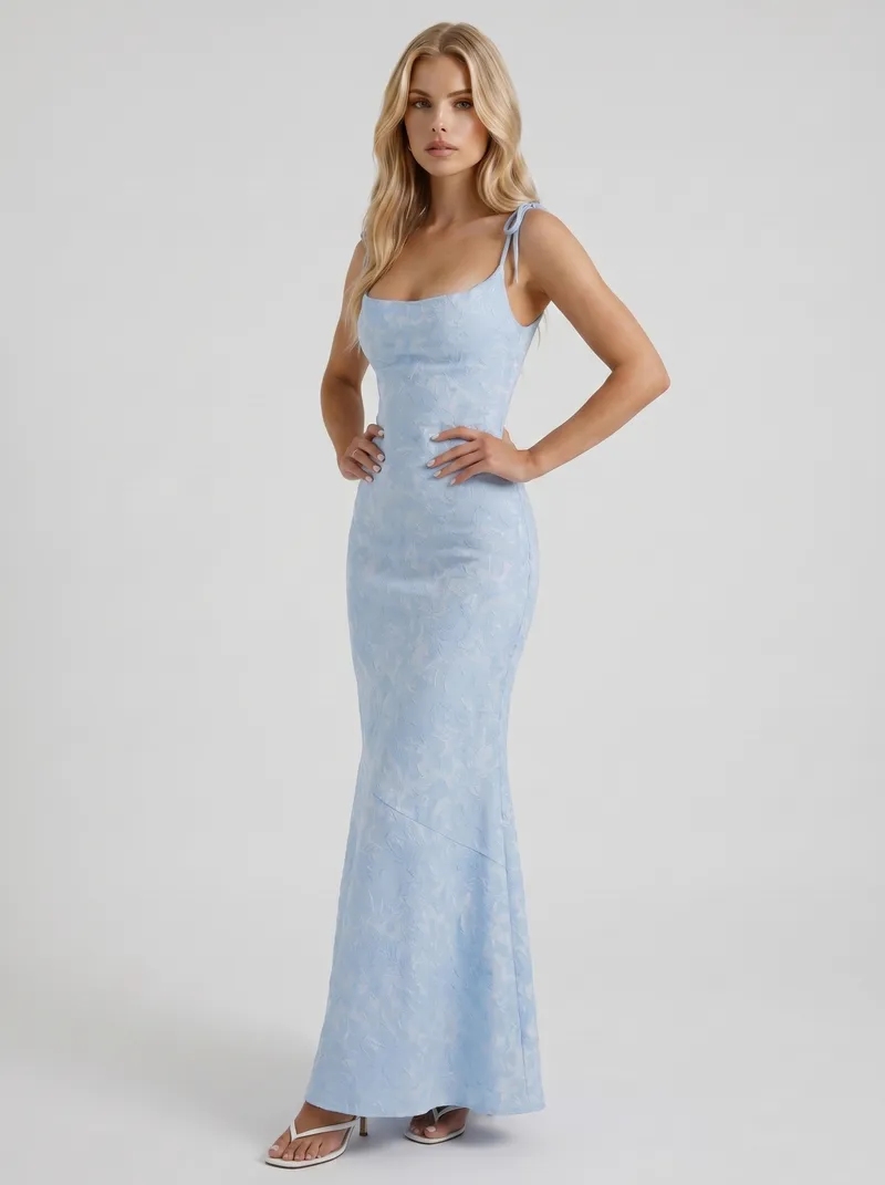Aria Cowl Neck Textured Satin Bodycon Maxi Dress - Blue