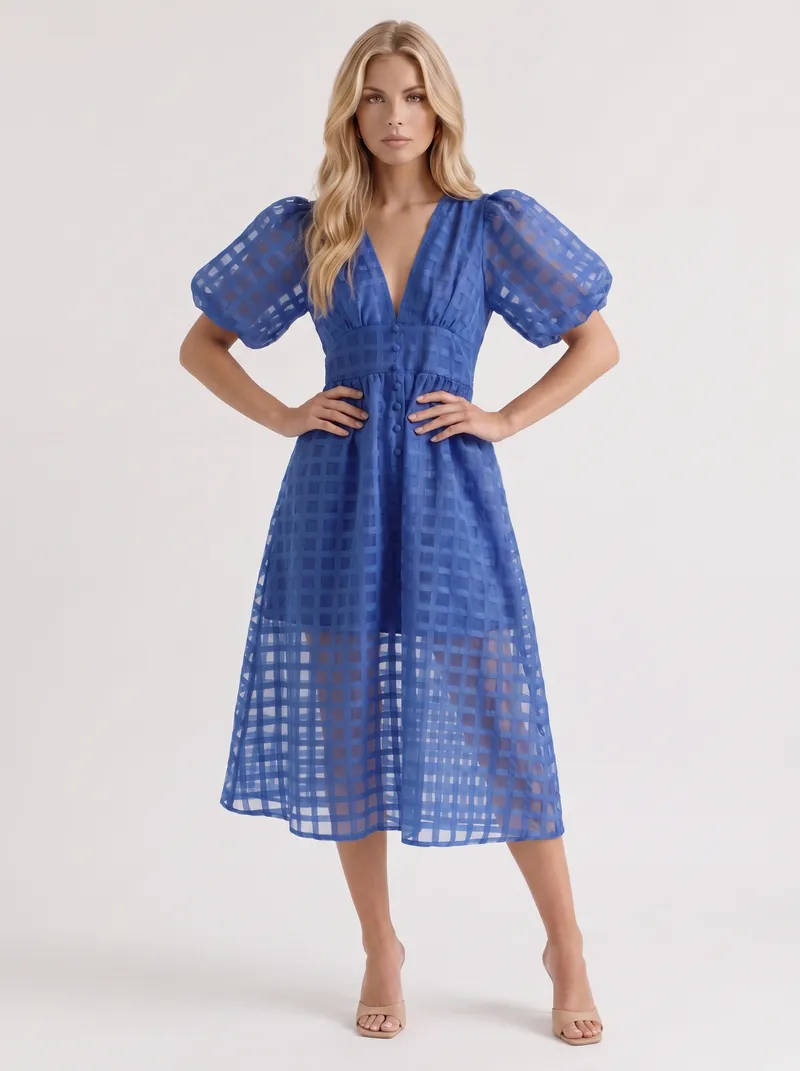Colette Windowpane Midi Dress - Blue