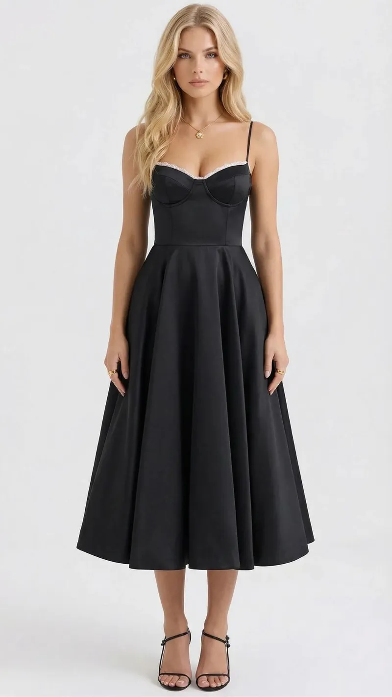 Selene Sweetheart Midi Dress - Black