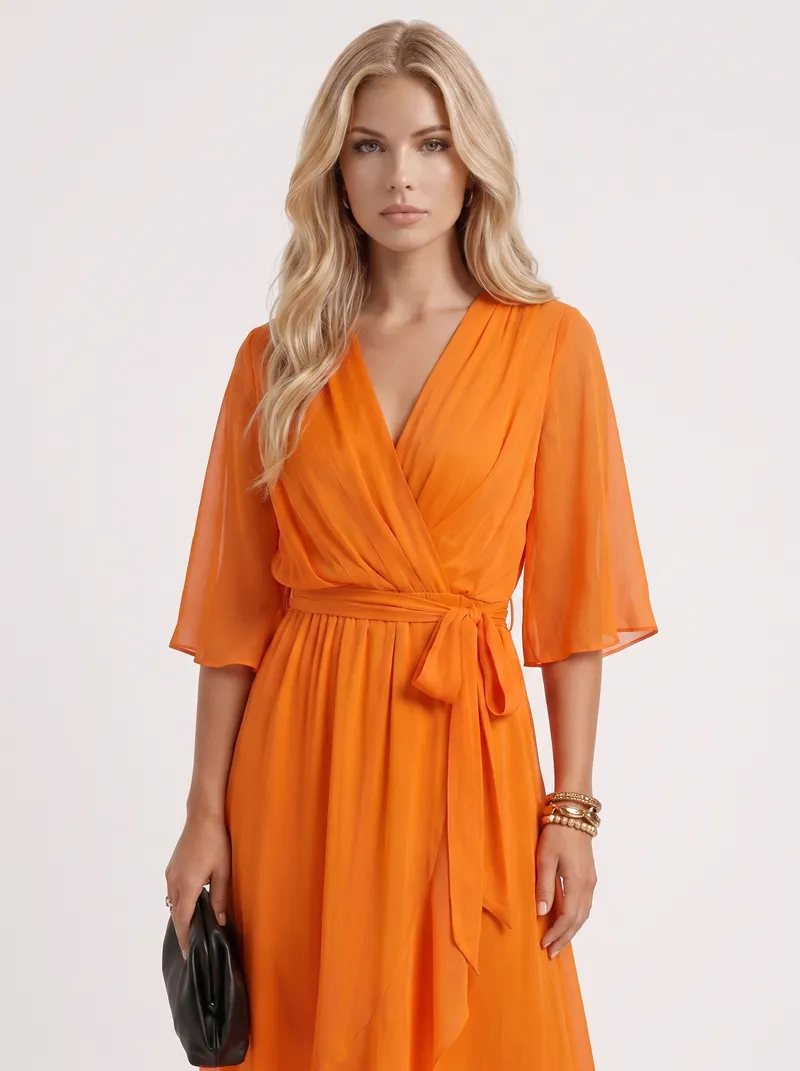 Lucienne Wrap Midi Dress - Orange