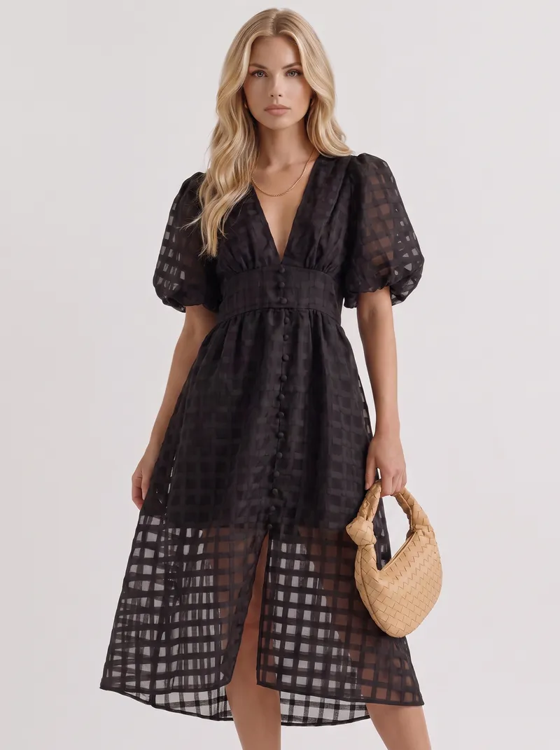 Colette Windowpane Midi Dress - Black