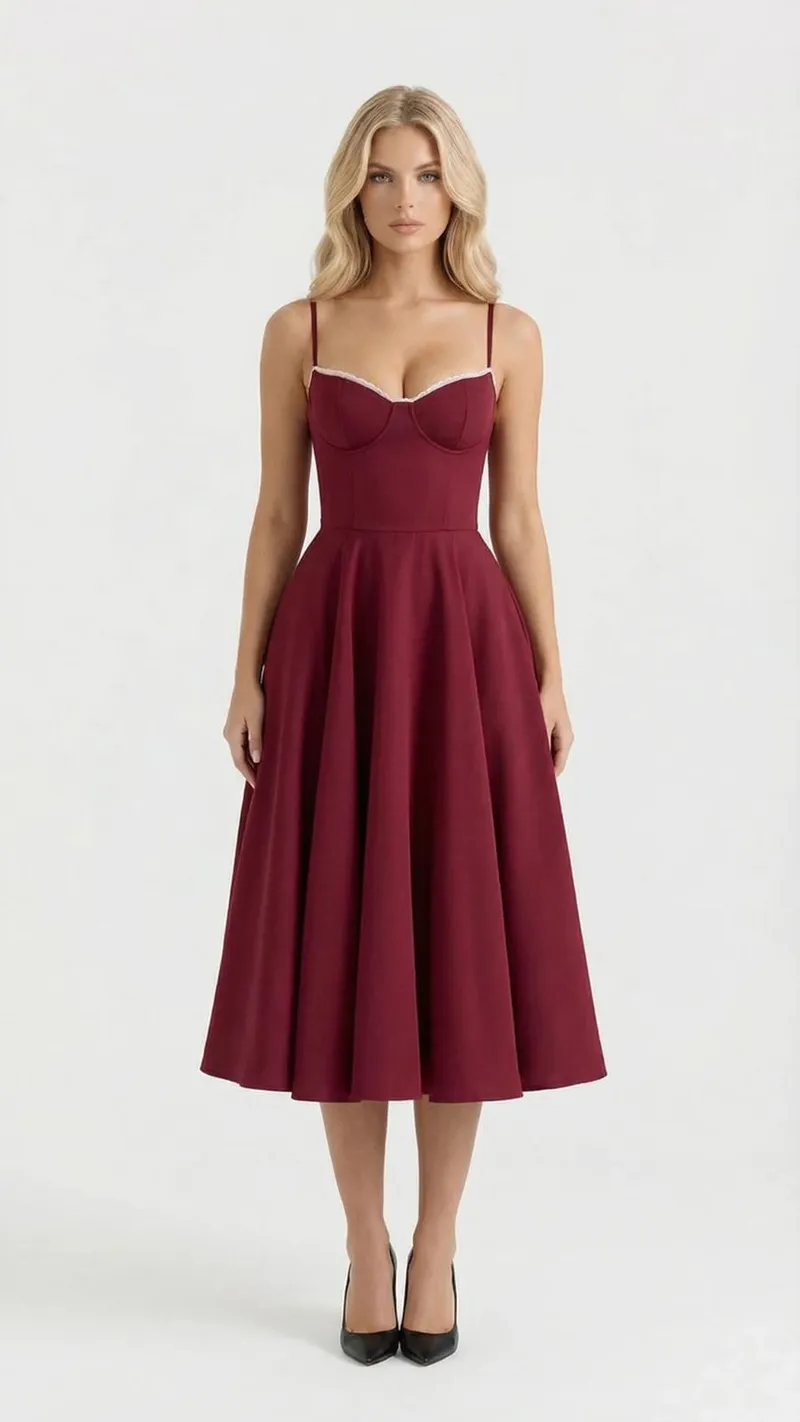 Selene Sweetheart Midi Dress - Burgundy