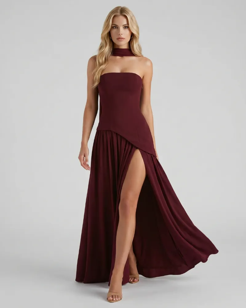 Genevieve Strapless Asymmetric Maxi Dress - Red