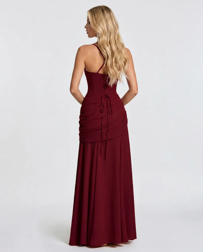Charlotte Ruched Maxi Dress - Burgundy