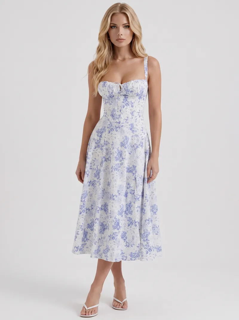 Sabine Toile Print Puff Sleeve Midi Dress - Light Blue
