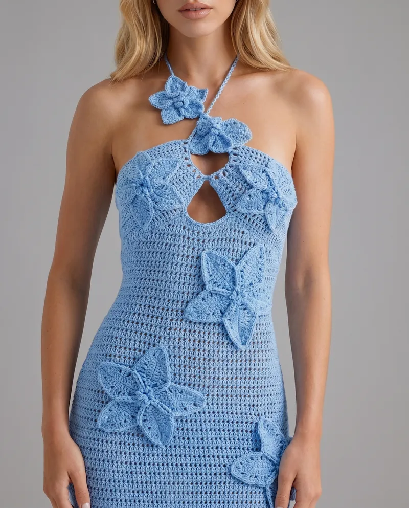 Kyla Crochet Halter Maxi Dress - Blue