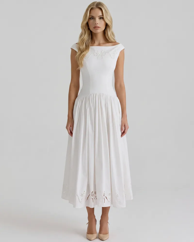 Delfina Boat Neck Eyelet Midi Dress - White