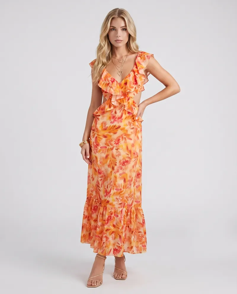 Marisol V Neck Ruffle Floral Maxi Dress - Orange