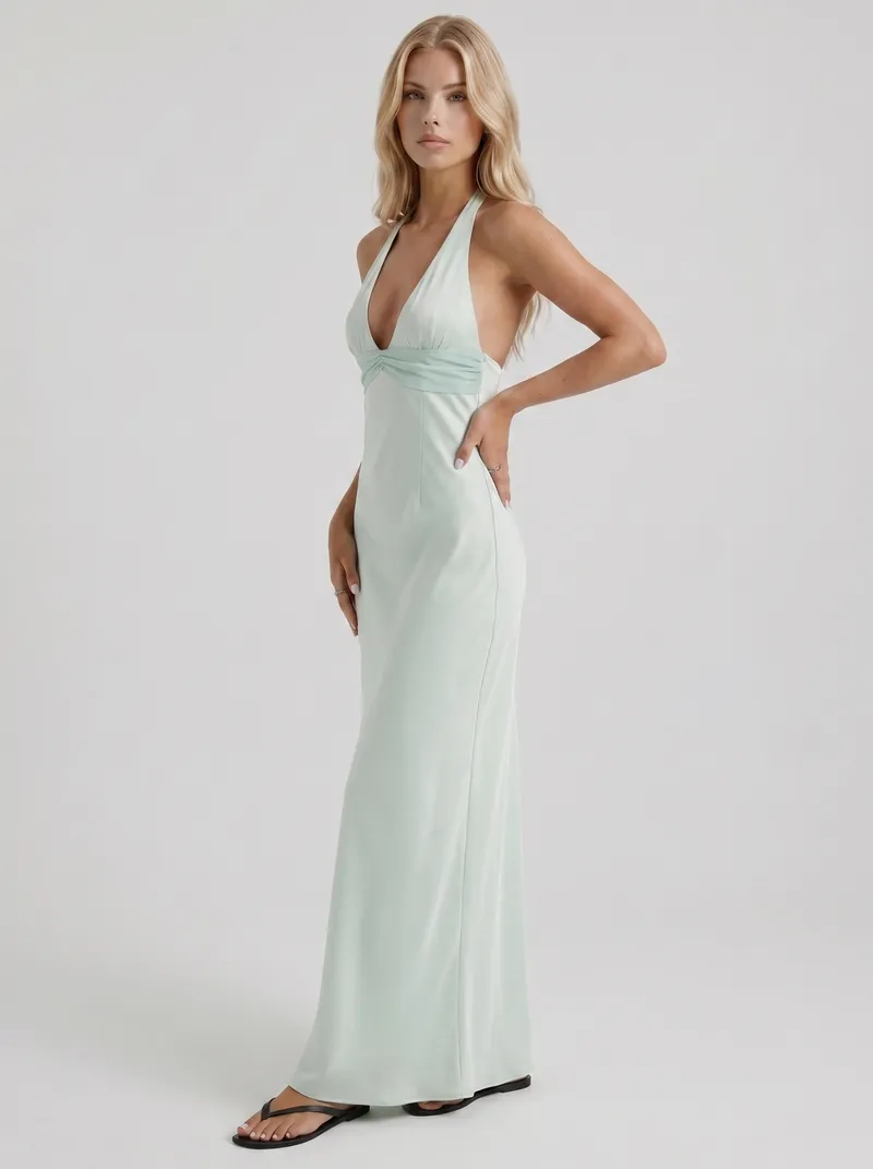Saskia Halter V Plunge Satin Bodycon Maxi Dress - Mint Green