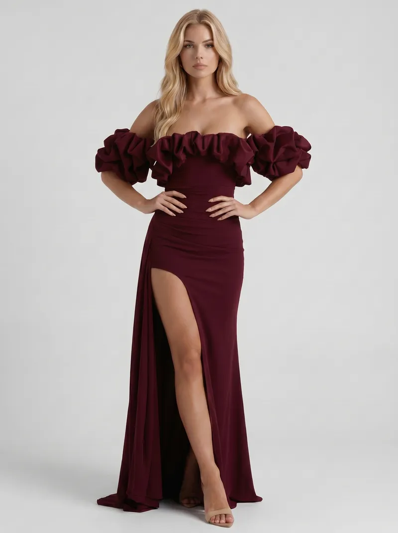 Mira Off Shoulder Ruffle Bardot Bodycon Maxi Dress - Cherry Red