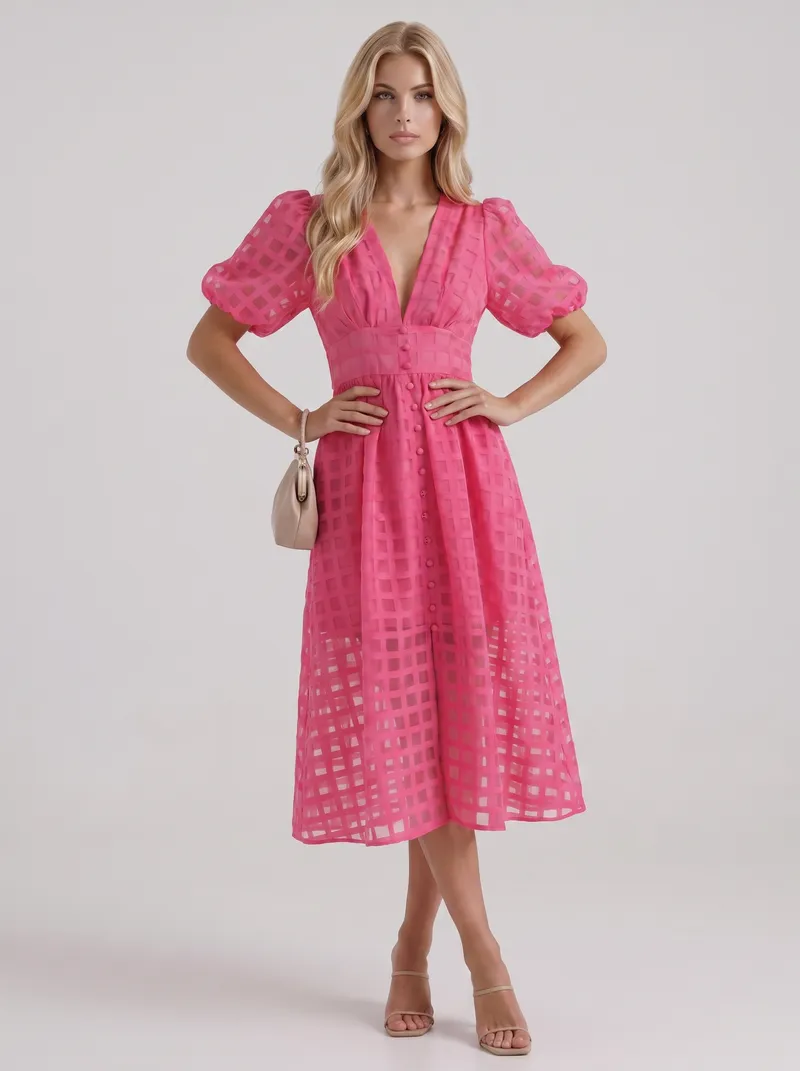 Colette Windowpane Midi Dress - Pink