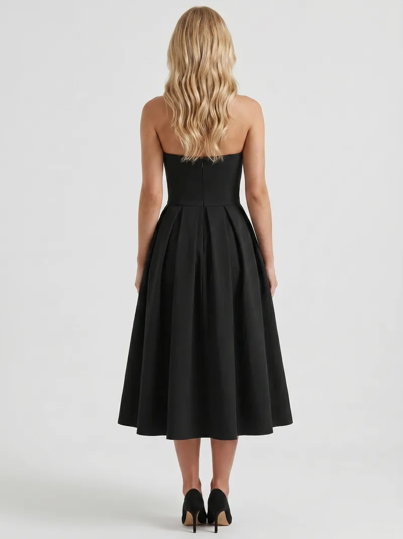 Audrey Strapless Pleated A Line Midi Dress - Black