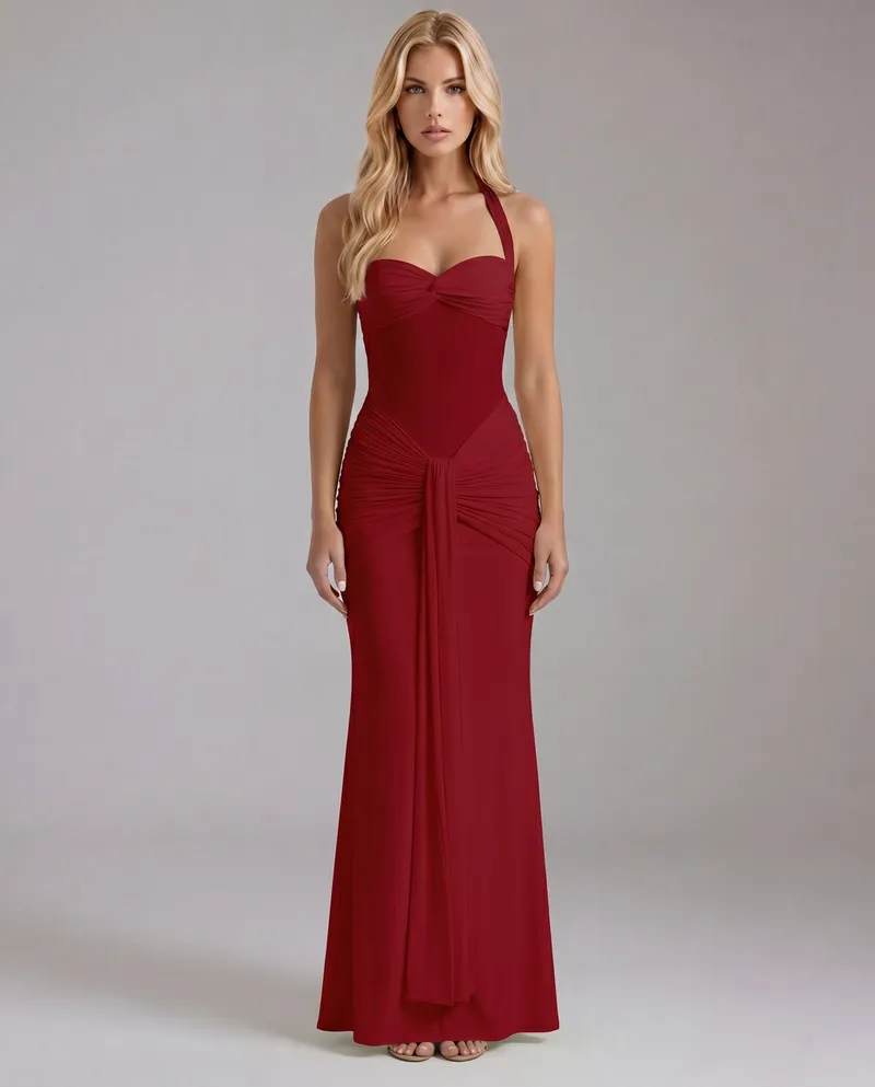 Victoria Ruched Maxi Dress - Red