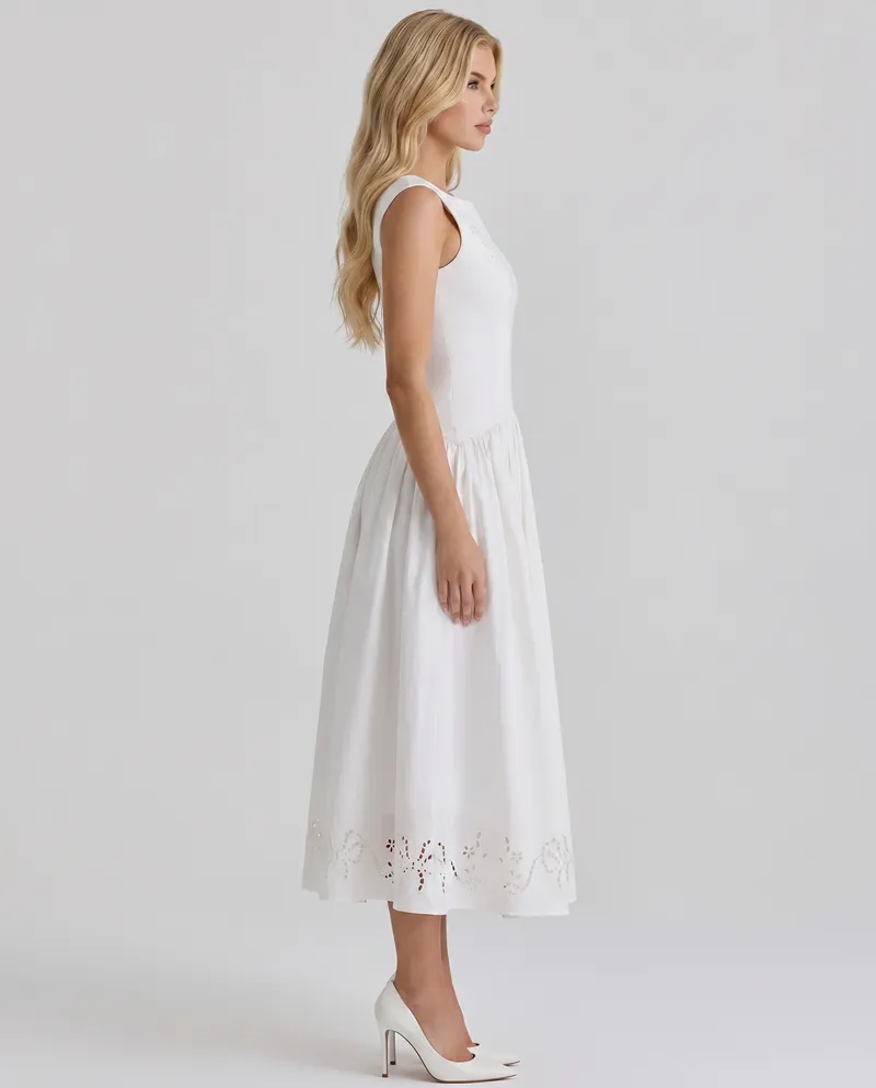 Delfina Boat Neck Eyelet Midi Dress - White