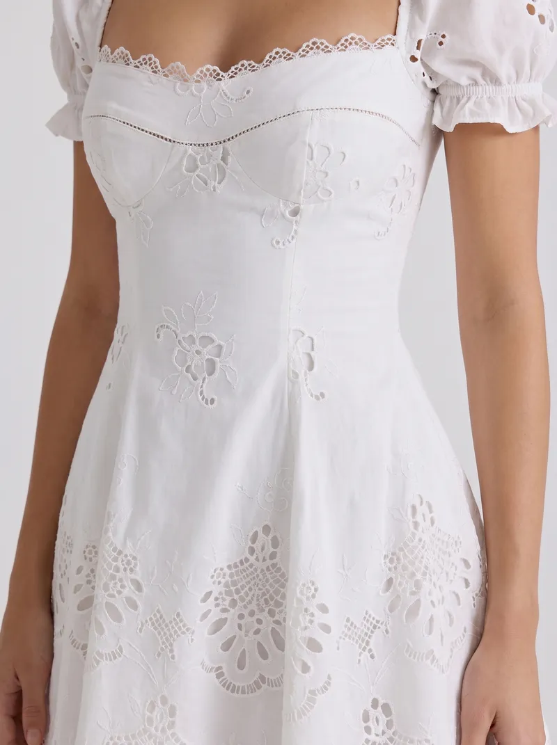 Bridget Broderie Anglaise Puff Sleeve Square Neck Mini Dress - White