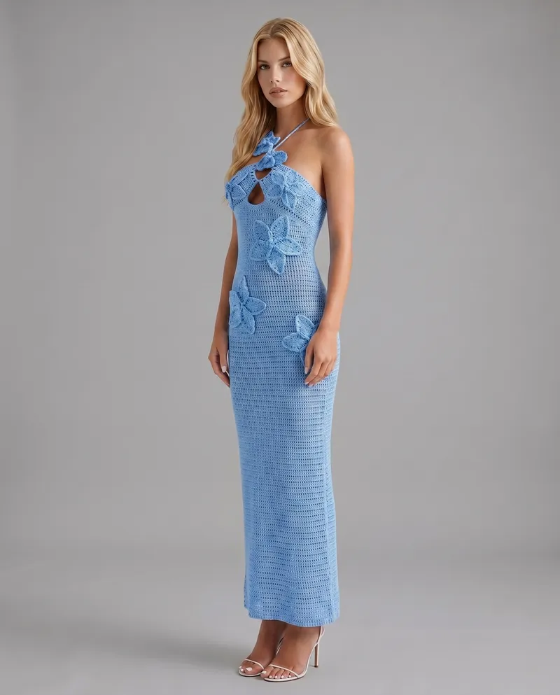 Kyla Crochet Halter Maxi Dress - Blue