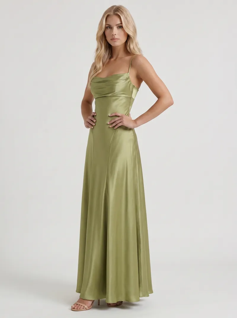 Eloise Cowl Neck Satin Maxi Dress - Light Olive