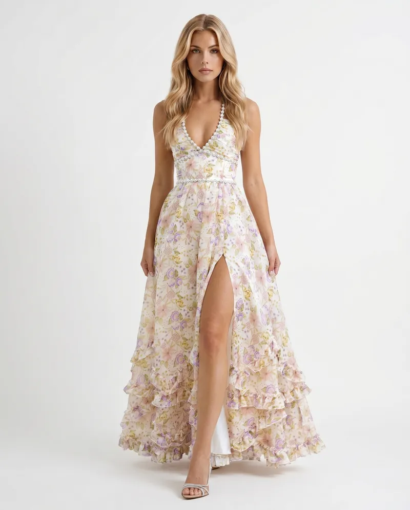 Bianca Ruffle Maxi Dress - Champagne Meadow