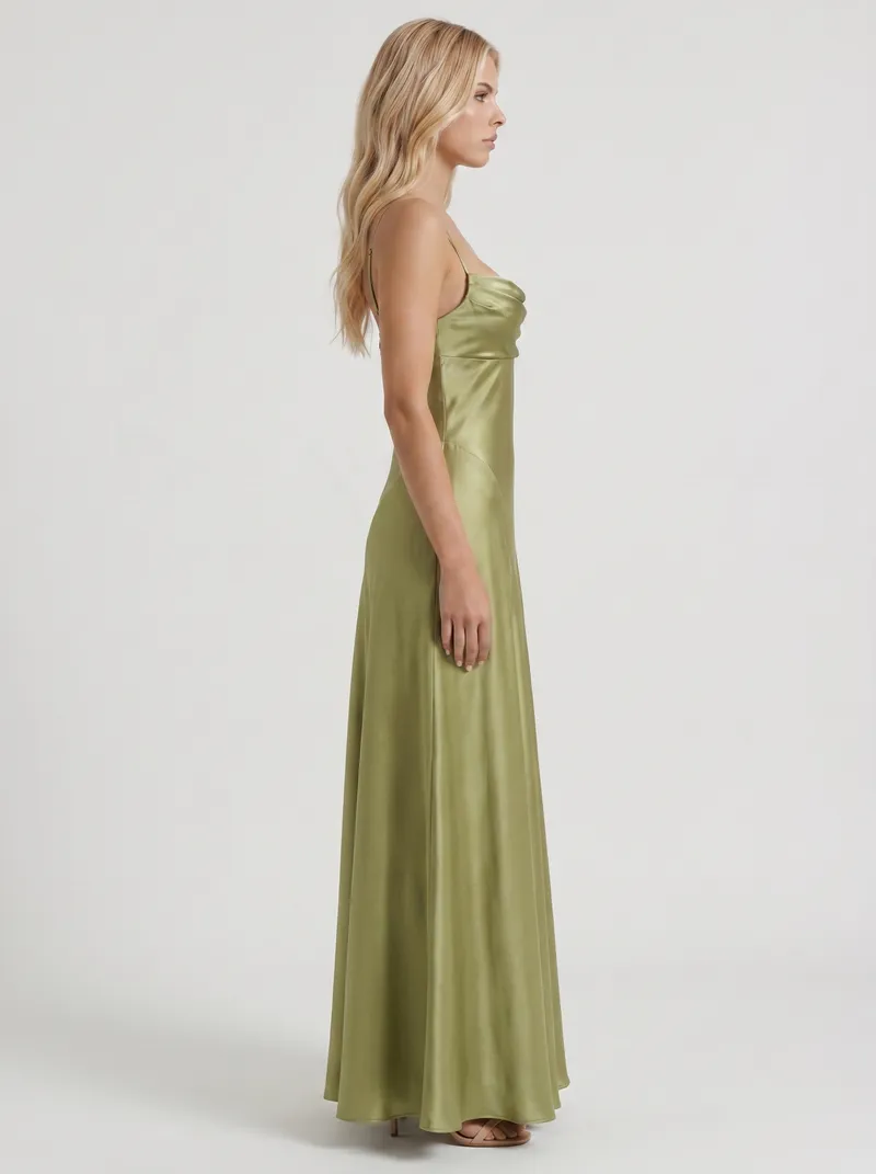 Eloise Cowl Neck Satin Maxi Dress - Light Olive