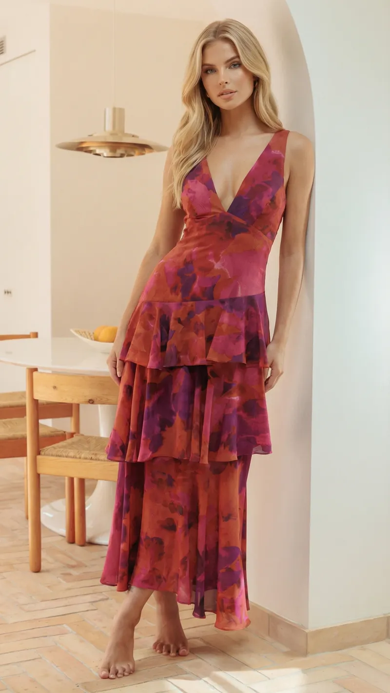 Penelope Ruffle Maxi Dress - Dark Red