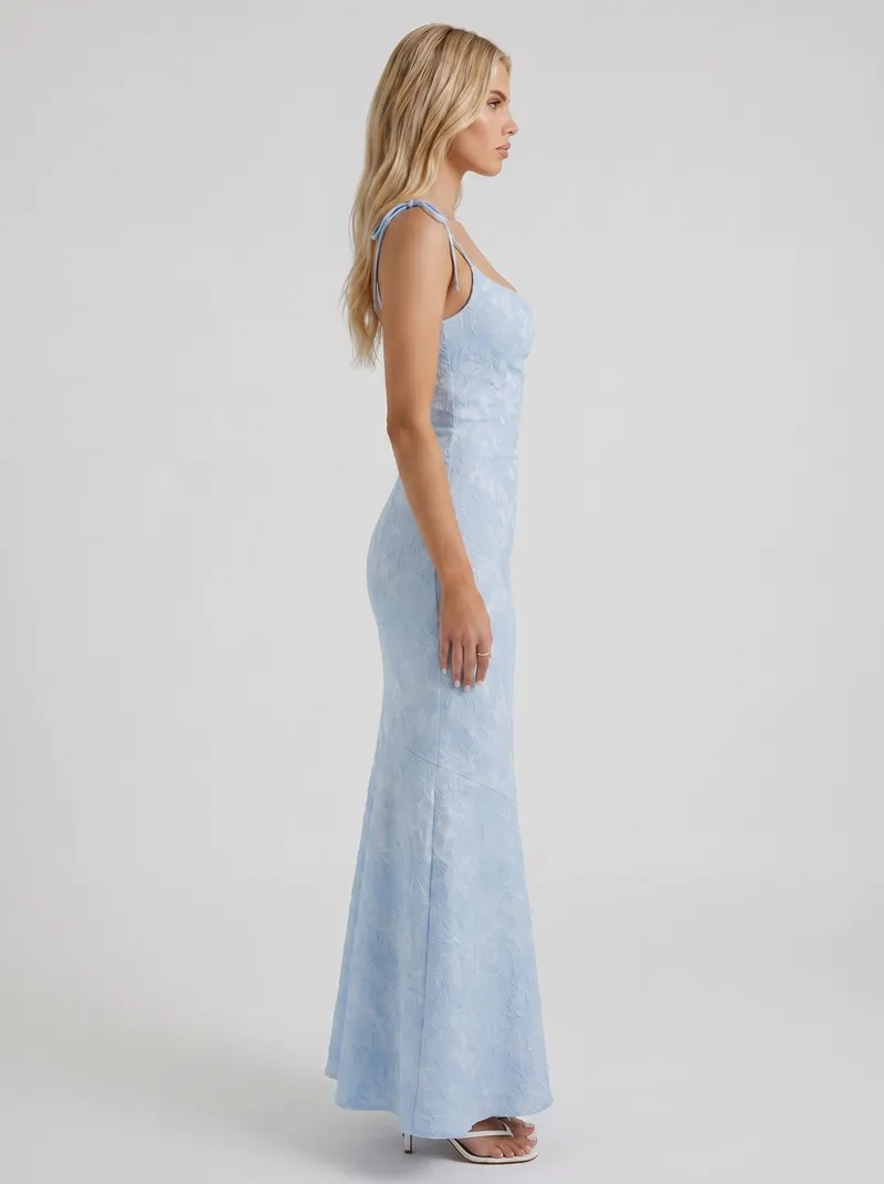 Aria Cowl Neck Textured Satin Bodycon Maxi Dress - Blue