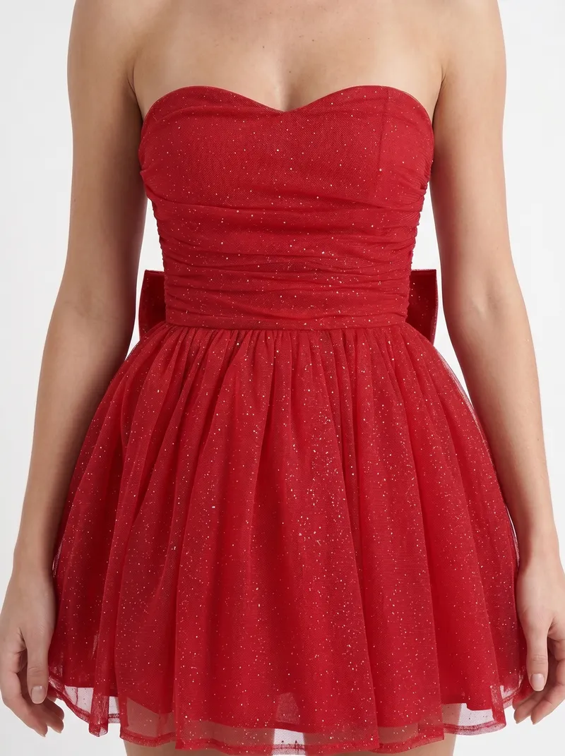 Katrina Strapless Sequin Sparkle Mini Dress - Red