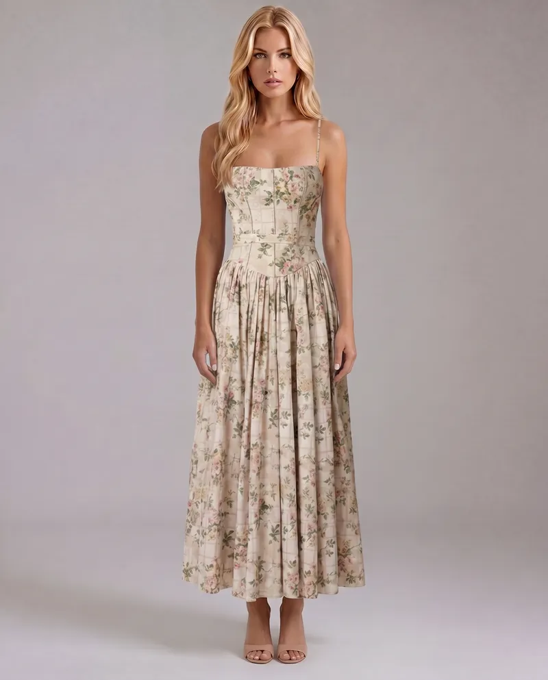 Cielle Floral Midi Dress - Rose Garden