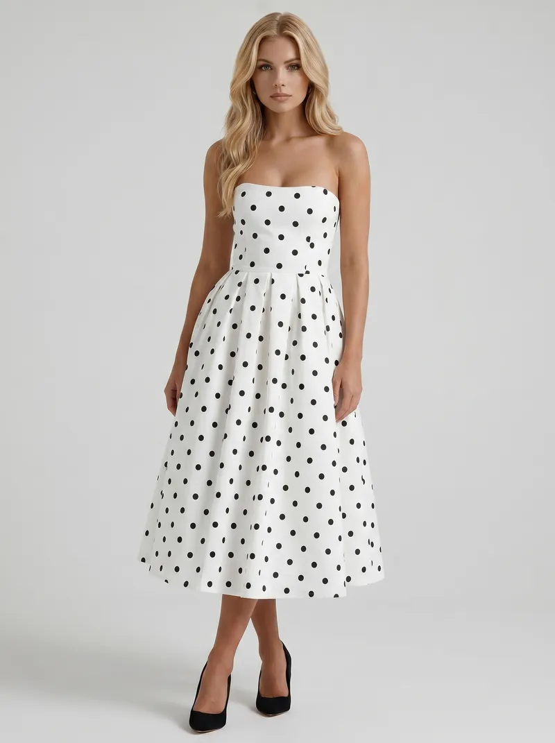 Audrey Strapless Pleated A Line Midi Dress - Black Polka Dot