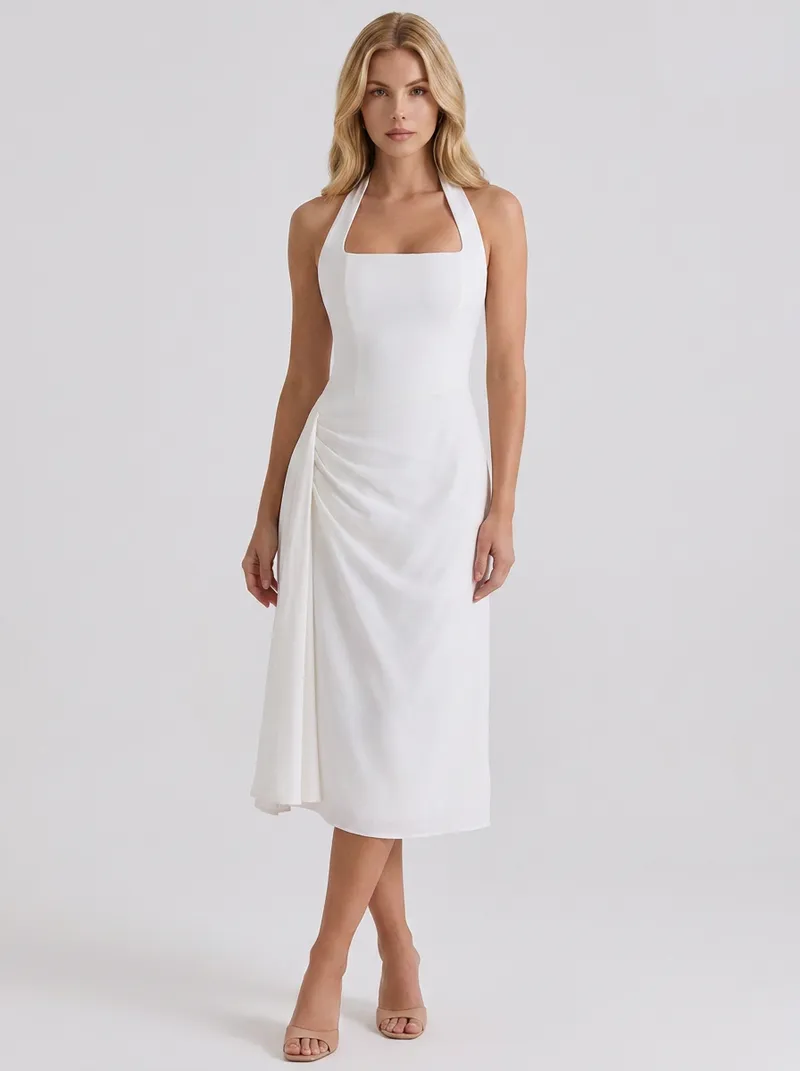 Mia Halter Square Neck Midi Dress - White