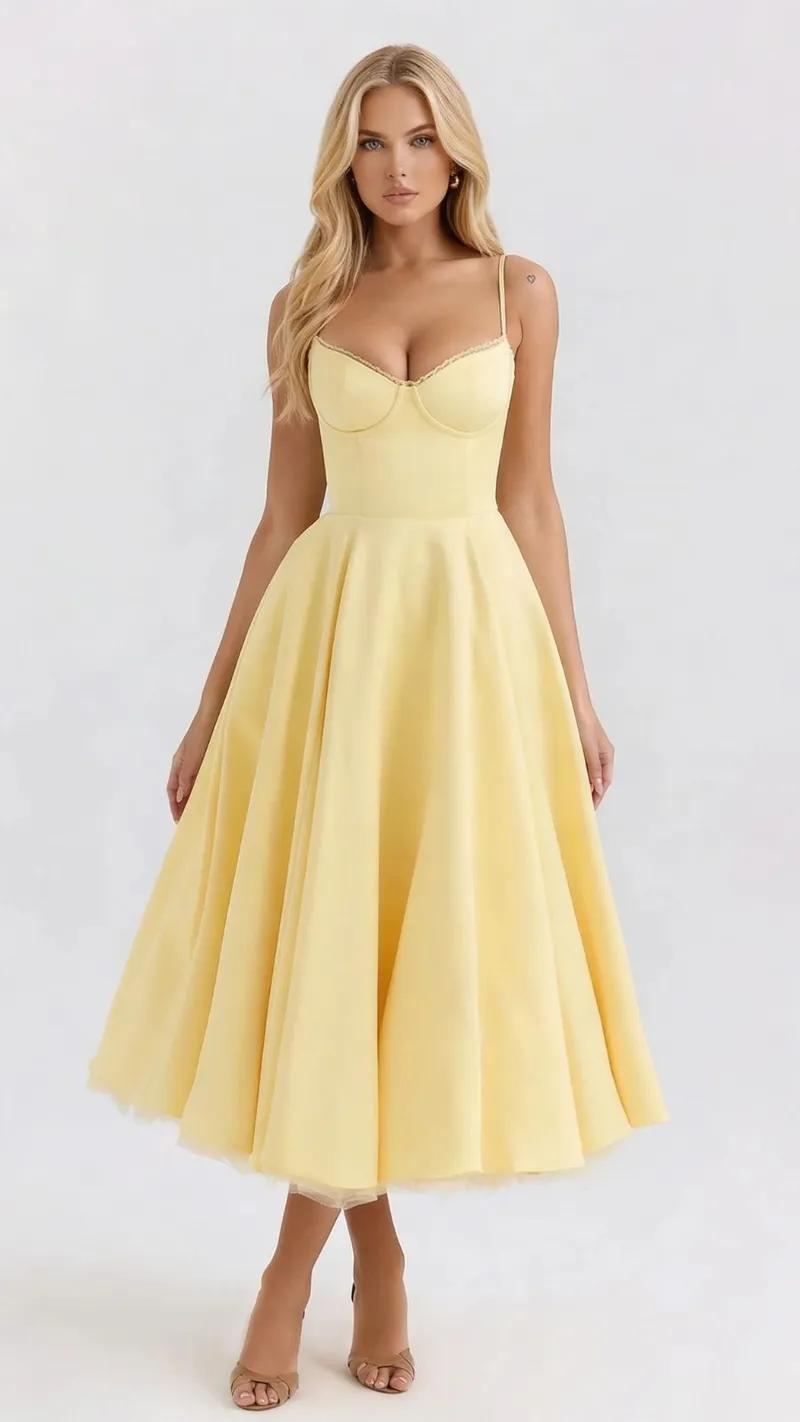 Selene Sweetheart Midi Dress - Yellow