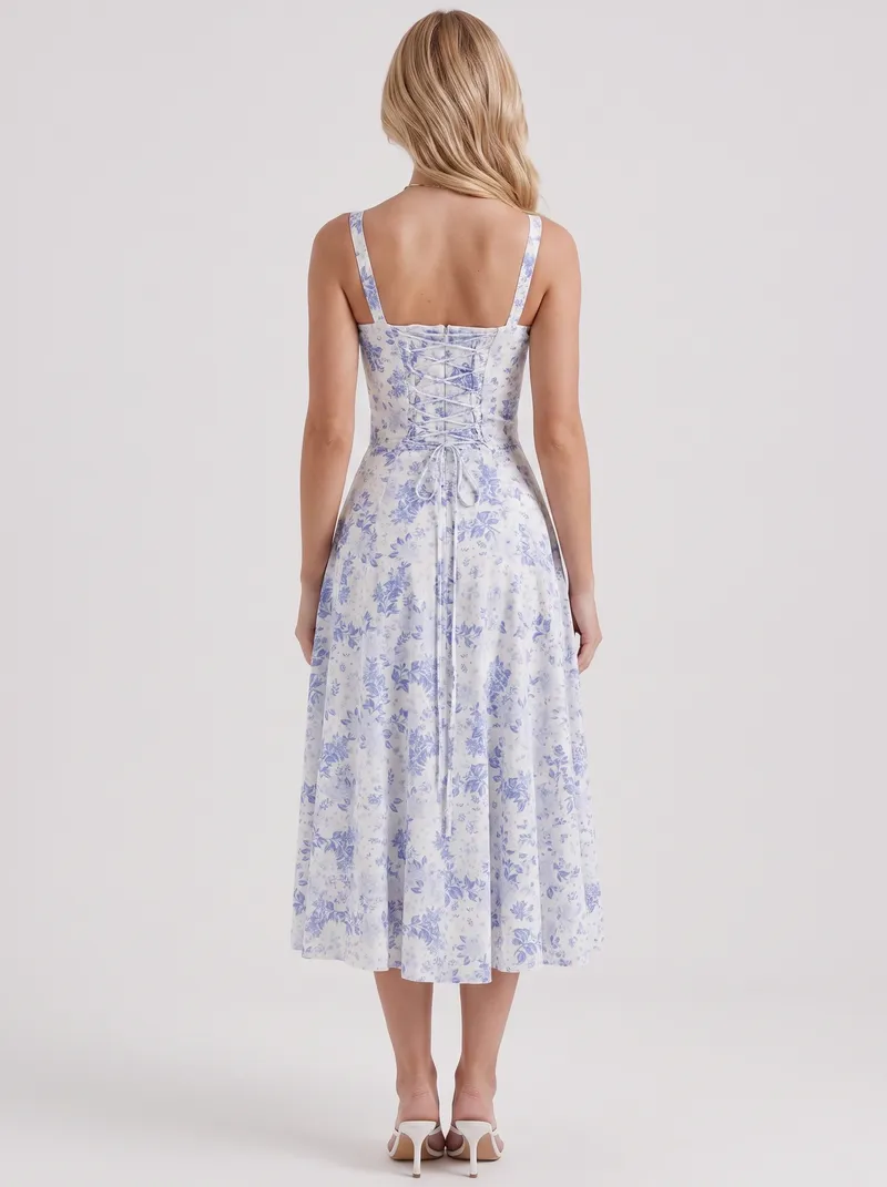 Sabine Toile Print Puff Sleeve Midi Dress - Light Blue