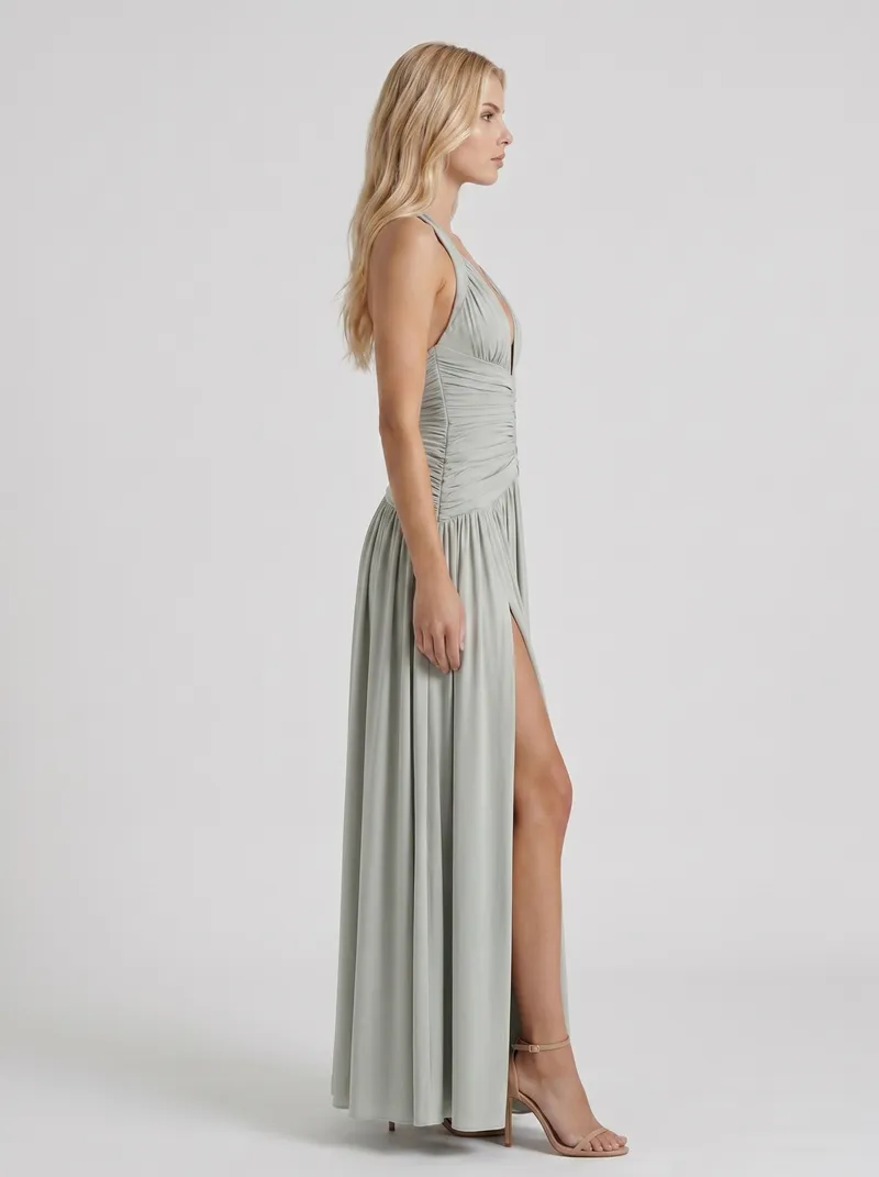 Vera Plunge V Halter Ruched Maxi Dress - Sage
