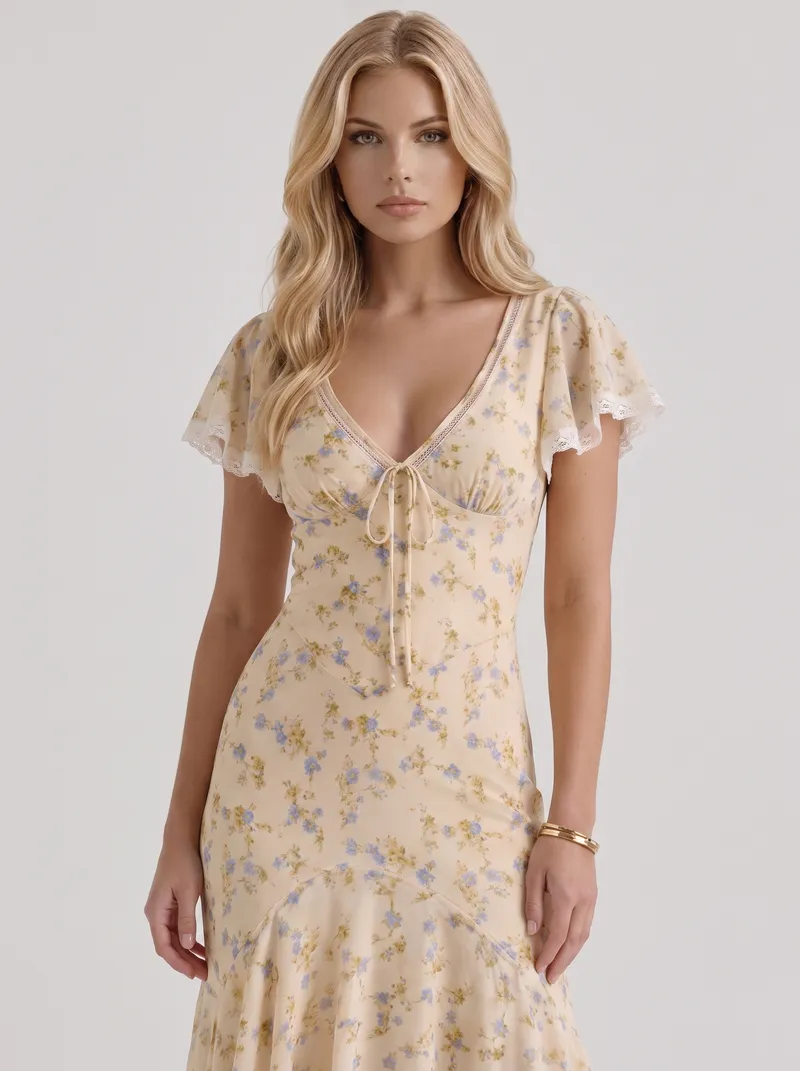 Amina Floral V Neck Maxi Dress - Buttercream Yellow