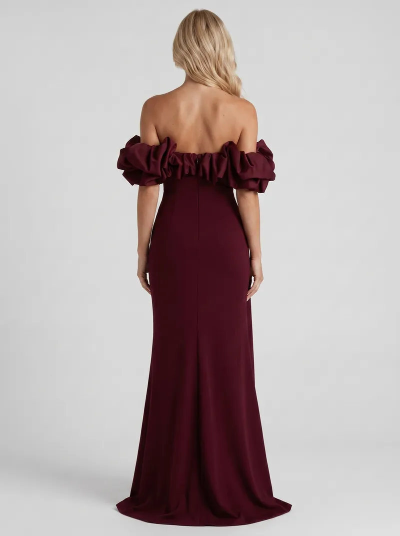 Mira Off Shoulder Ruffle Bardot Bodycon Maxi Dress - Cherry Red