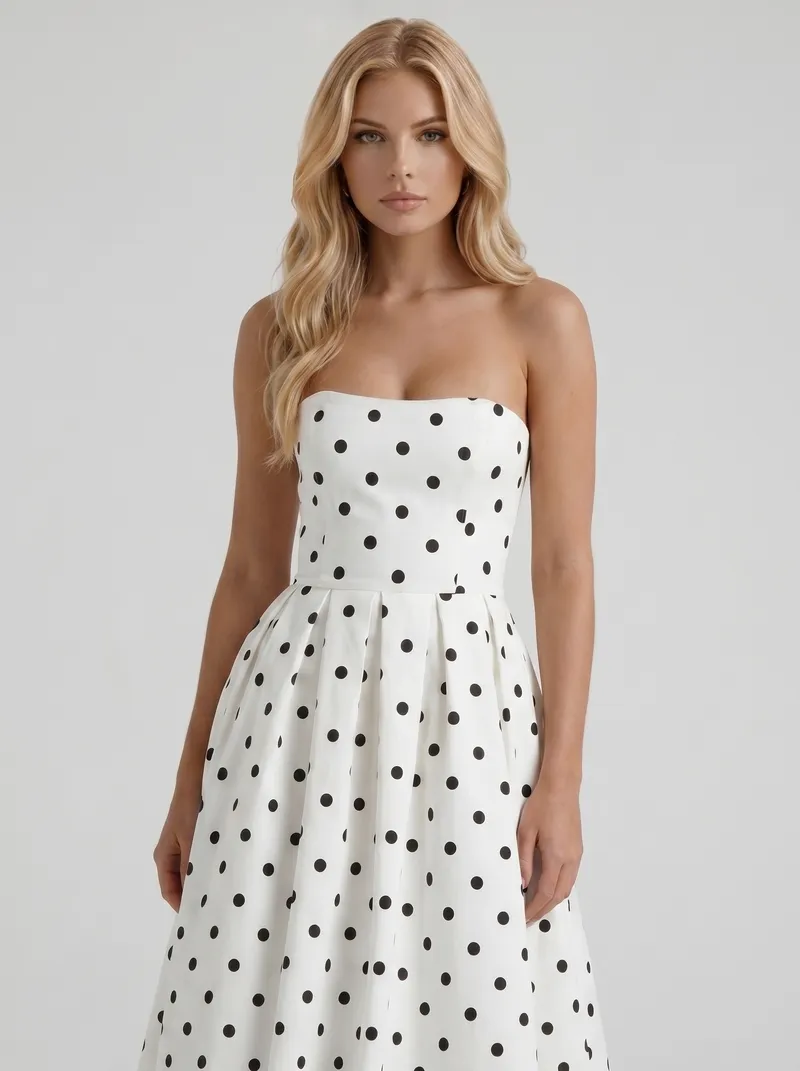 Audrey Strapless Pleated A Line Midi Dress - Black Polka Dot
