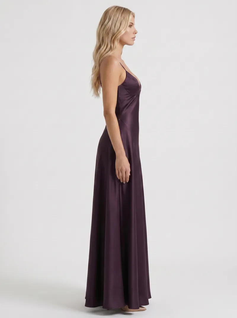 Adelaide V Neck Satin A Line Maxi Dress - Plum