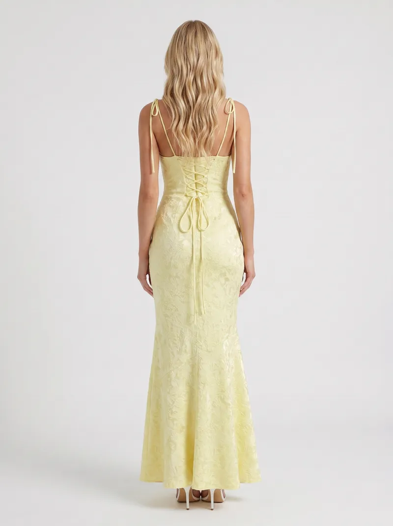 Aria Cowl Neck Textured Satin Bodycon Maxi Dress - Lemon