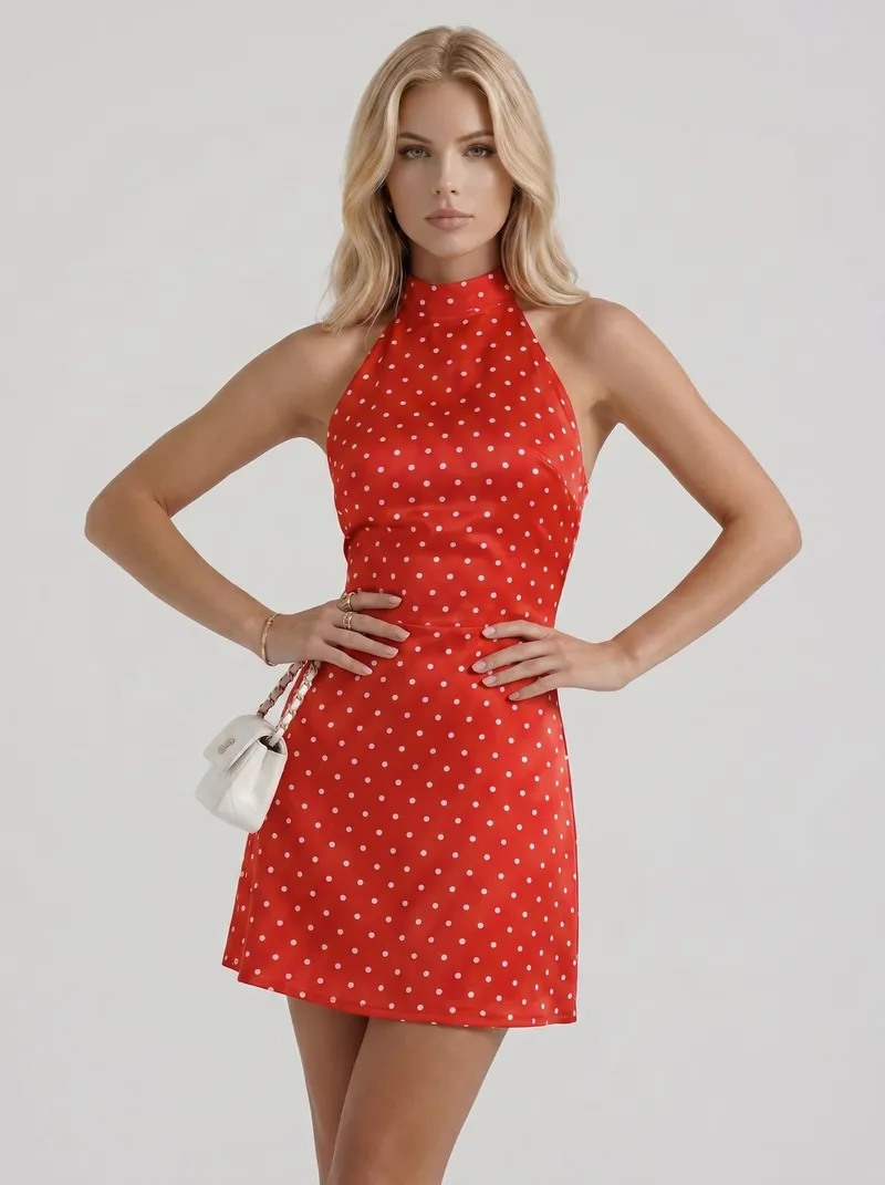 Layla High Neck Halter Polka Dot Mini Dress - Red