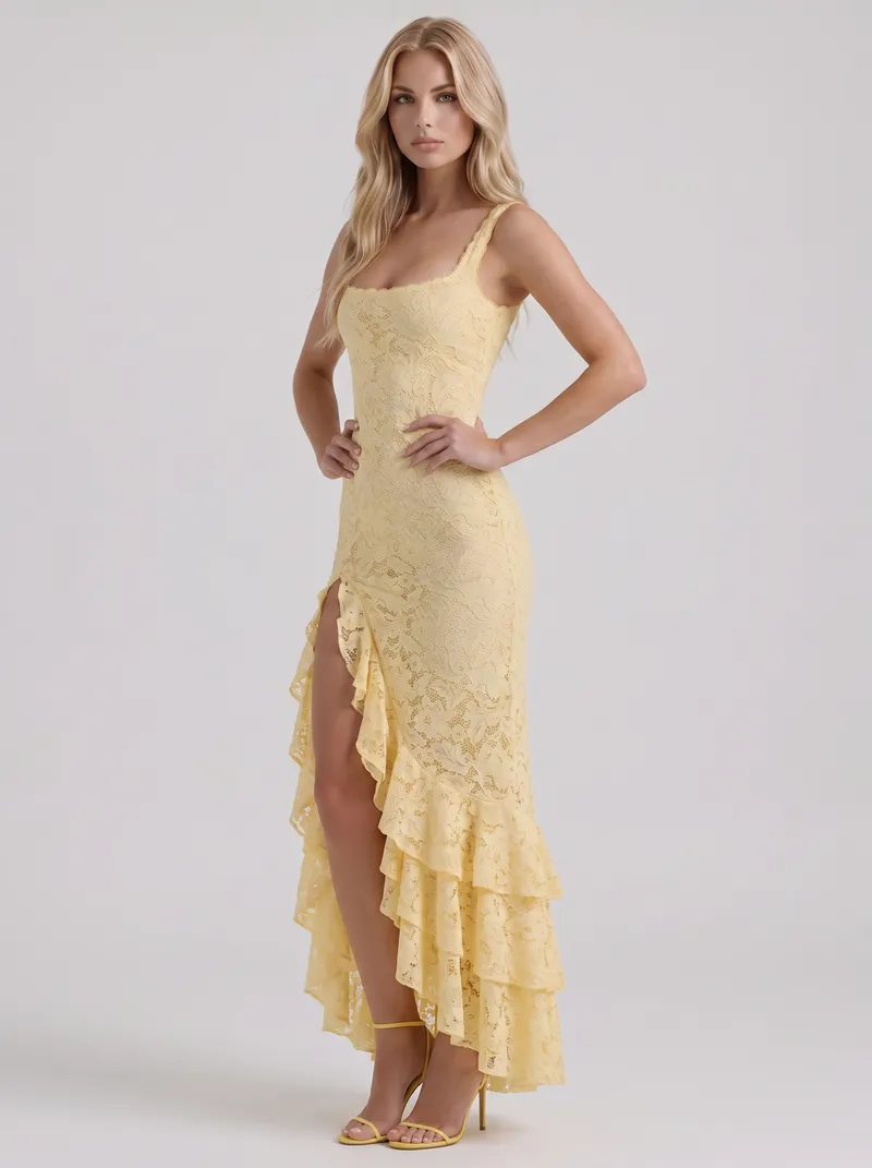 Poppy Lace Puff Sleeve Maxi Dress - Butter Yellow