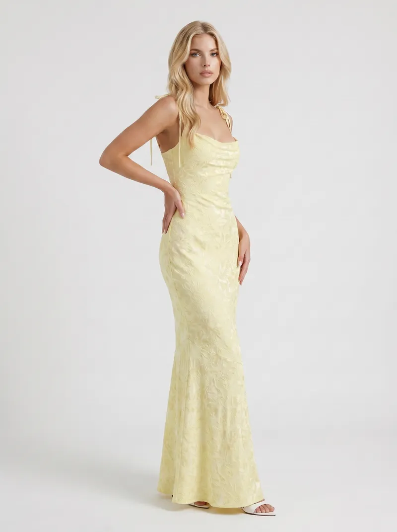 Aria Cowl Neck Textured Satin Bodycon Maxi Dress - Lemon