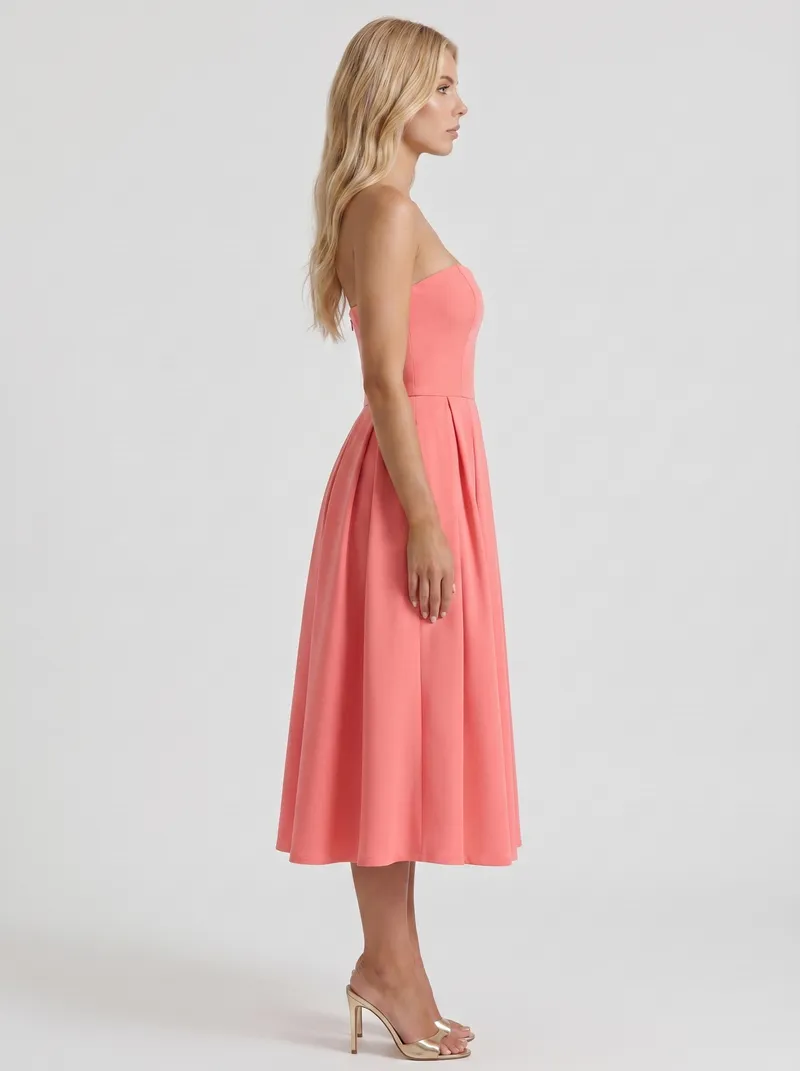 Audrey Strapless Pleated A Line Midi Dress - Coral Pink